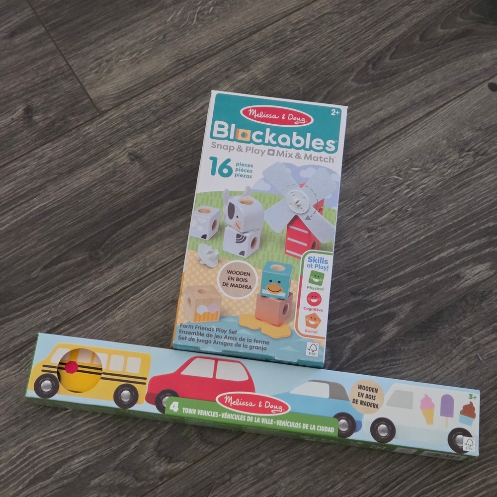 Melissa & Doug Blockables Farm Friends & Town Vehicles Wood Toy Set NEW